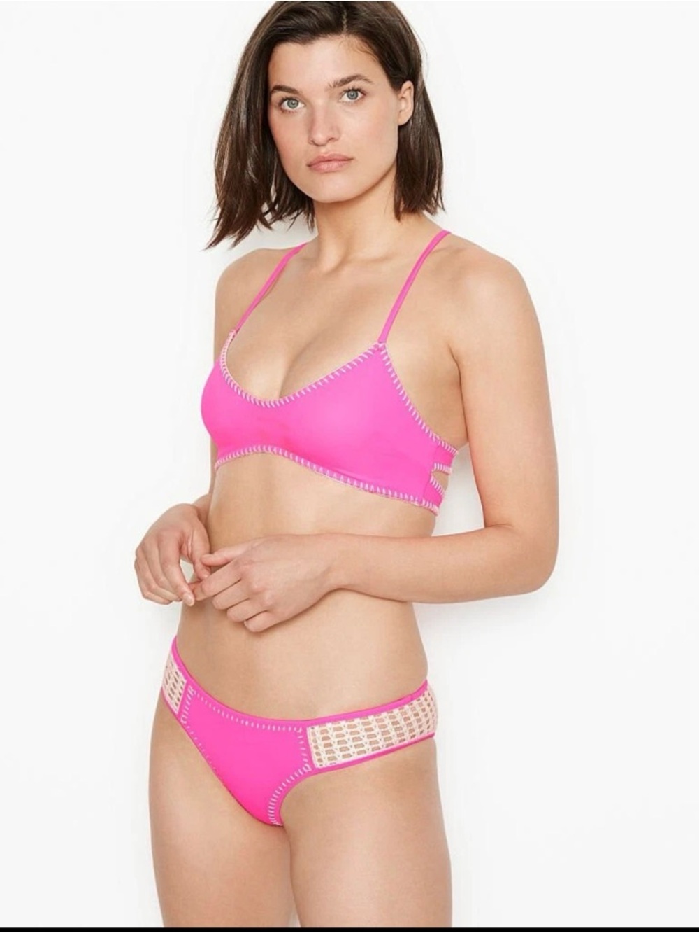 Victoria’s Secret neon pink kiawah Carova Bikini with crochet details - XS